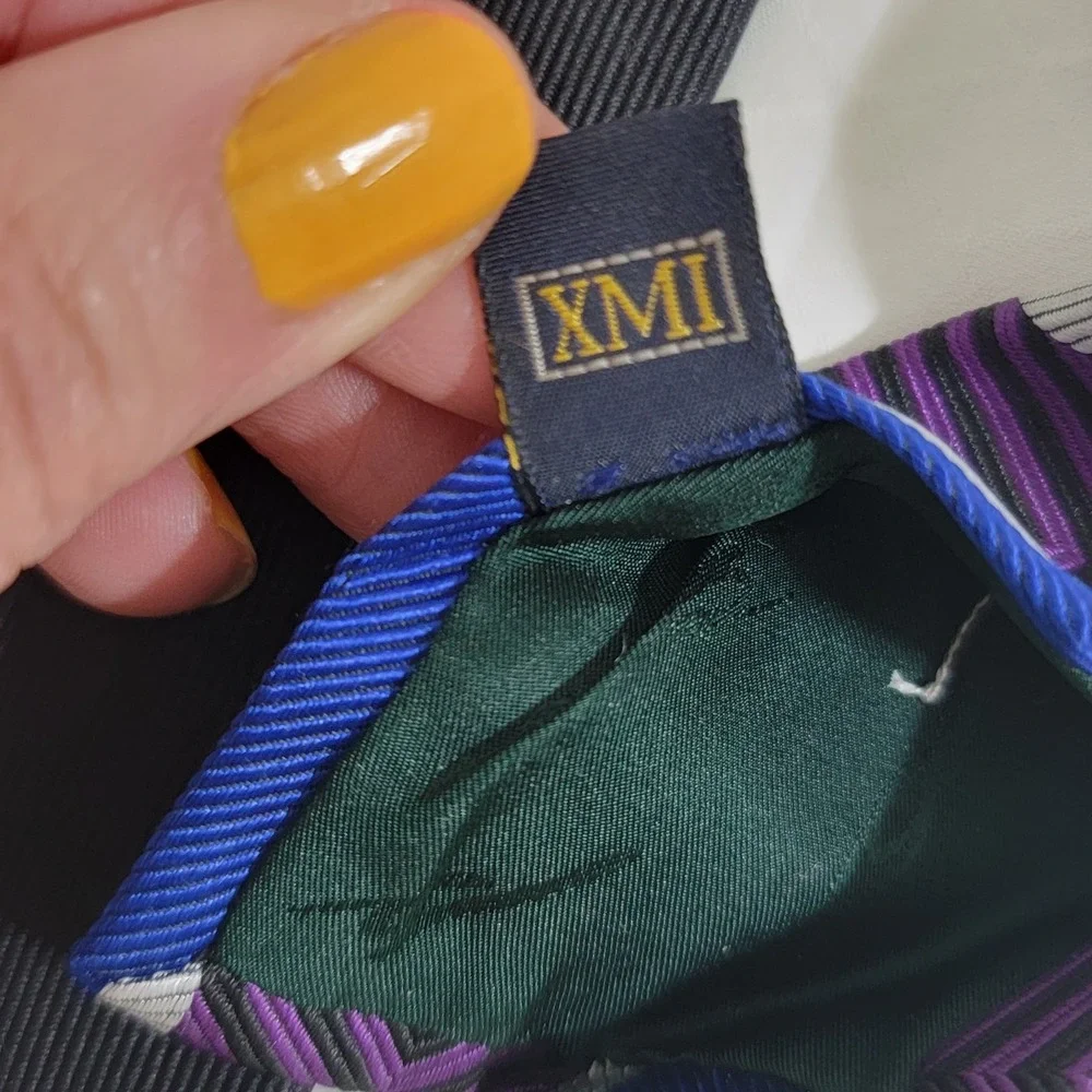 XMI Platinum Silk Tie Purple Blue Chevron Repp Stripe Hand Made USA